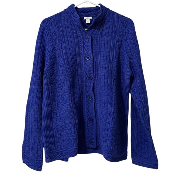 L.L. Bean Women's Cable Knit Button Down Cardigan Sweater Blue Size L CabinCore - Picture 1 of 13